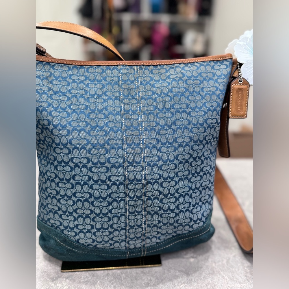 Coach Signature & Suede Blue Shoulder Bag #F10944 - Picture 6 of 12